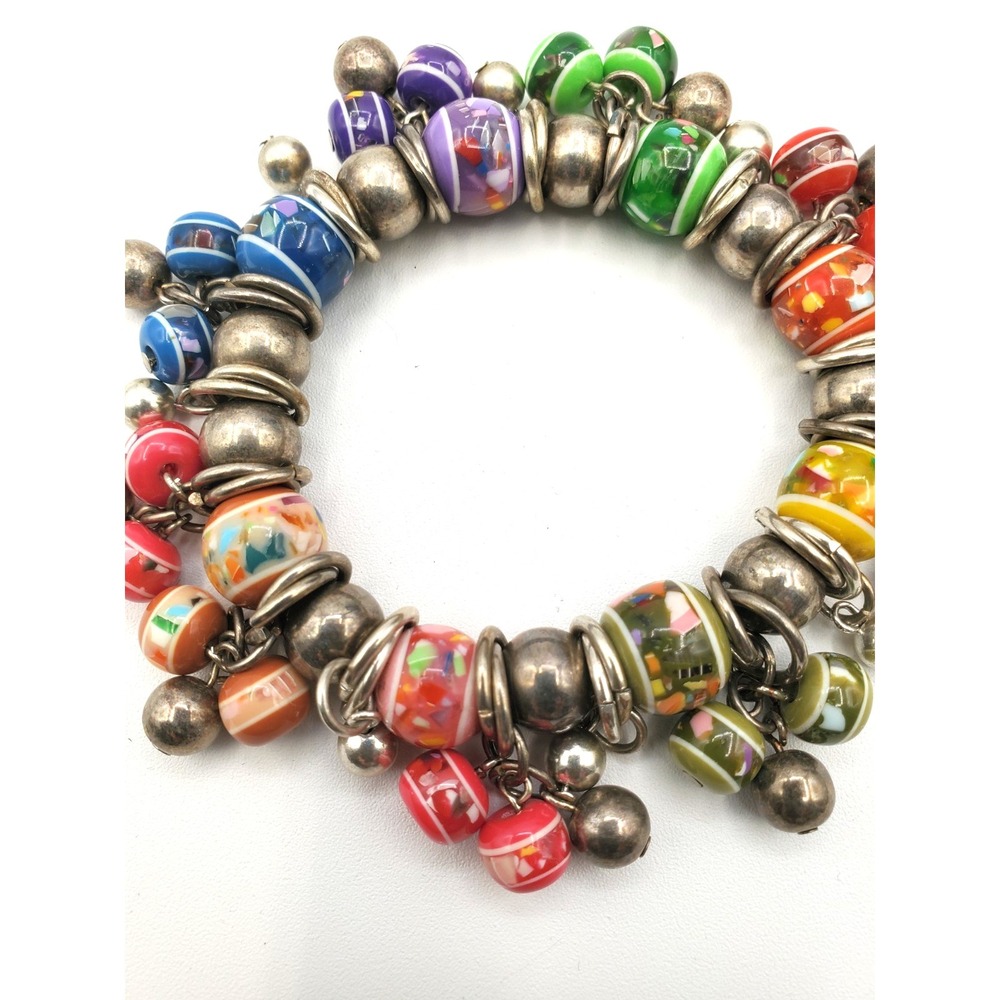 Colorful Stretch Silver Tone Acrylic Bead Bracelet - Picture 2 of 3